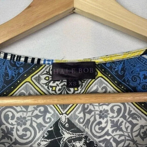 Hale Bob Blue & Yellow Kaftan Boxy Silk Short Sleeve Blouse XS - Picture 4 of 5